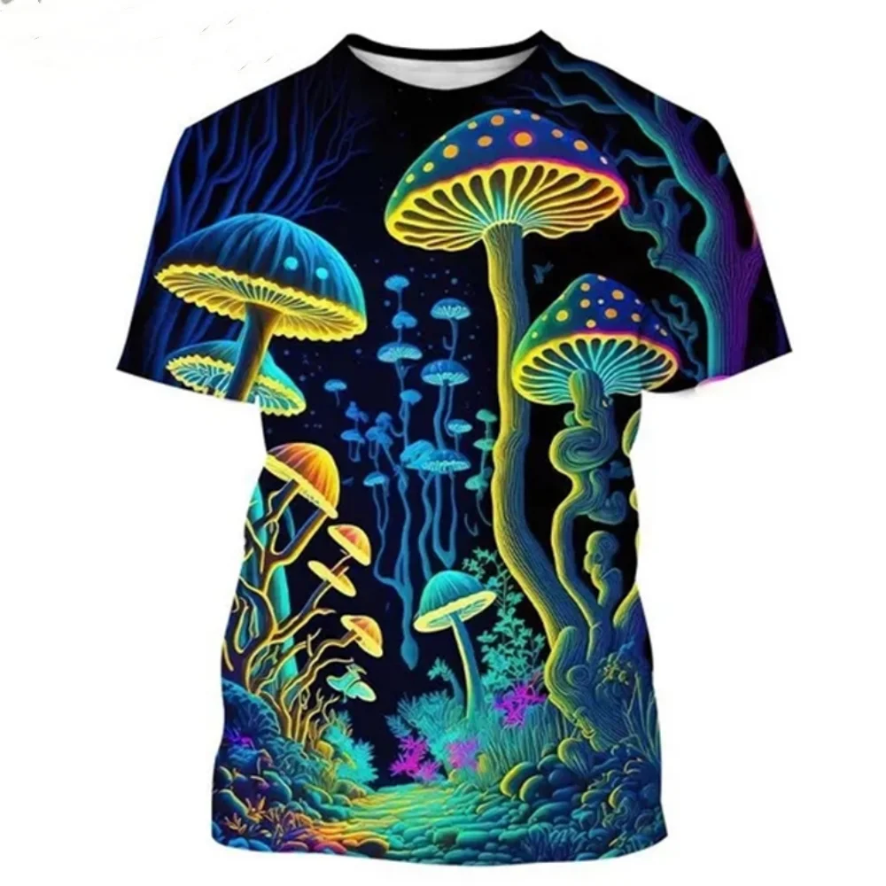 Mushroom 3D Printing T-shirts Plant Mushroom Pattern T-shirts Round Neck Short Sleeve Forest Top T-shirt High Quality Men\'s Wear