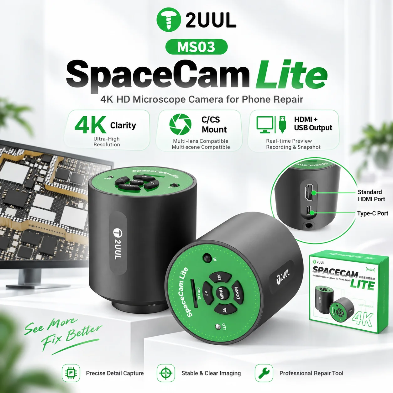 2UUL MS03 SpaceCam Lite 4K HD Microscope Camera HDMI/Type-C Dual Ports for Electronics Repair Motherboard PCB Inspection Tools