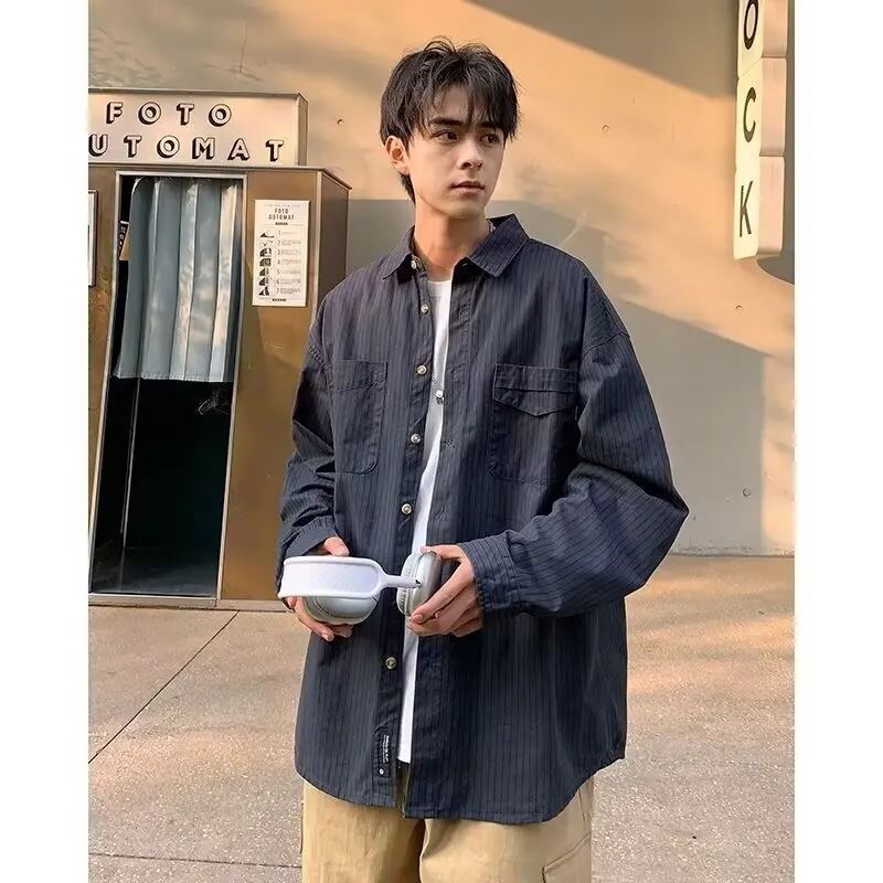 

High Street Korean Autumn Long Sleeve Shirt Men Loose Fit Vintage Design Soft Button Down Collar Minimalist Urban Commute