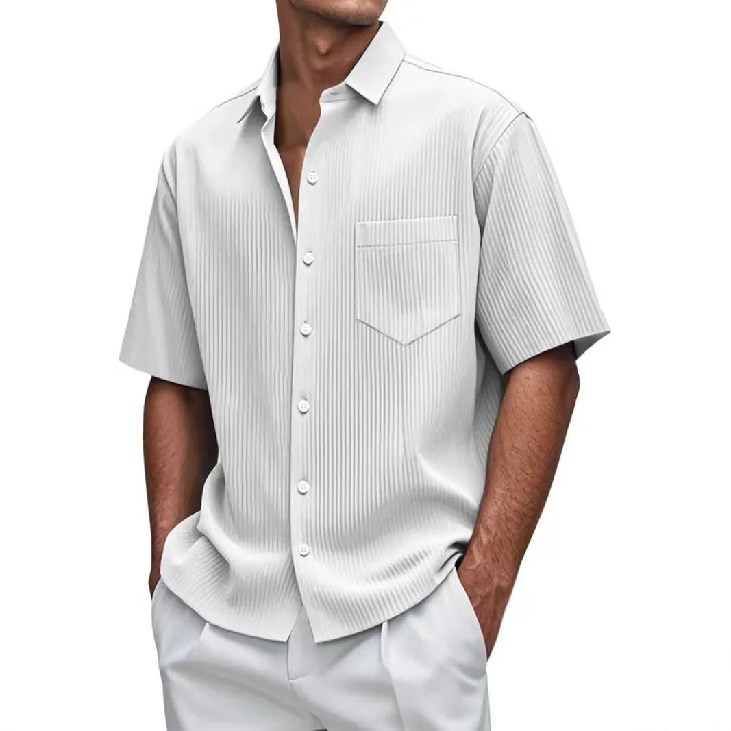 

2026 European And American Cross-Border New Amazon Men's Solid Color Loose Comfortable Versatile Vertical Striped Short Sleeve