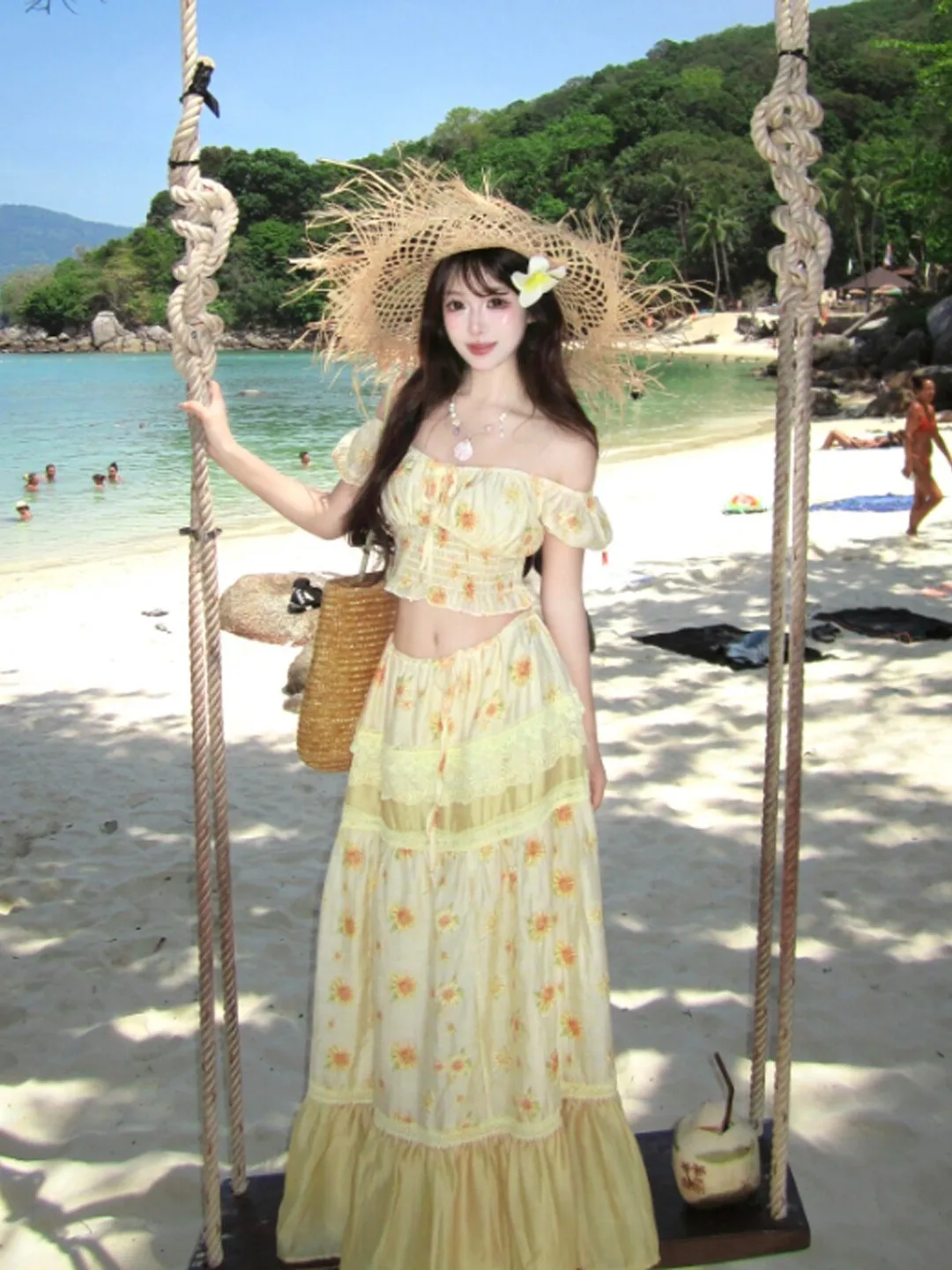 

Beach Vacation Style Floral Print One Shoulder Top And Half Skirt Two Piece Set Complete Outfit Summer 2026 Women's Fashion