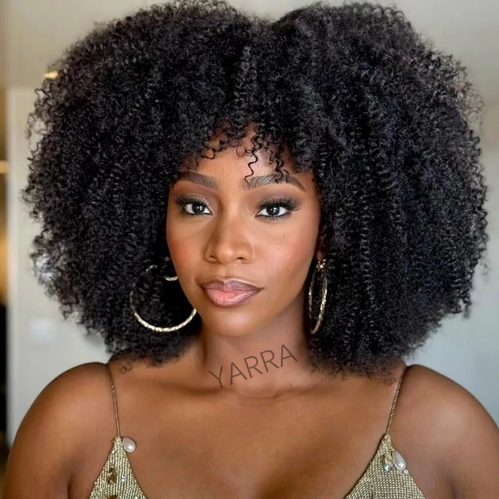 180% Density Afro Kinky Curly Human Hair Wigs With Bangs For Black Women Brazilian 100% Human Hair Remy Full Machine Made Hair