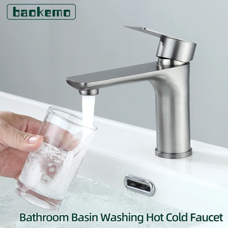 Baokemo Bathroom Washbasin Faucet Hot Cold Mixer Tap Stainless Steel Deck Mount Single Handle with a Pair of Inlet Pipes