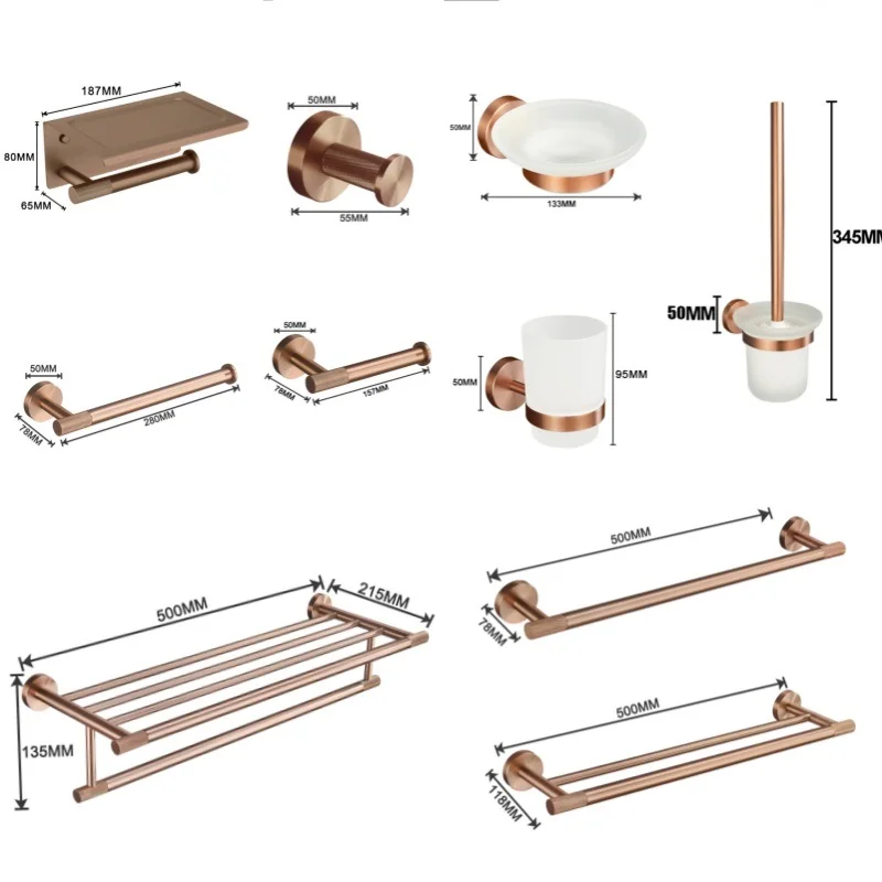 Brushed Rose Gold Accessories Set Wall-Mounted Towel Rack Toilet Brush Holder Toilet Paper Holder Towel Bar Soap Dish Hardware