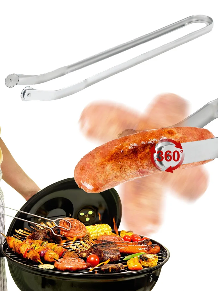 BBQ Sausage Turning Tongs Locking Non-Slip Hot Dogs Flipping Clip Steel Long Handle Kitchen Grill Tongs Barbecue Accessories