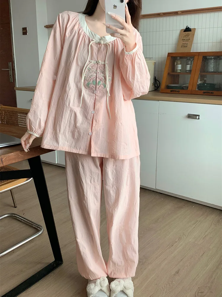 

New Pink Princess Sweet Cotton Embroidery Autumn Long Sleeve Pajama Set Women Elegant Casual Comfortable Loose Sleep Tops Ins