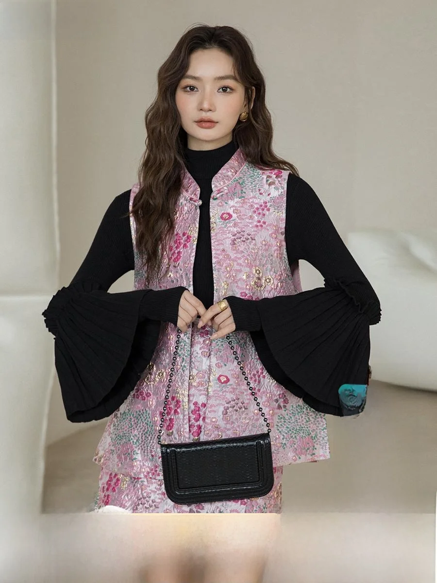 

Розовый новогодний лимитированный выпуск, тяжелый новый китайский жилет с вышивкой, классическая прямая юбка 2866