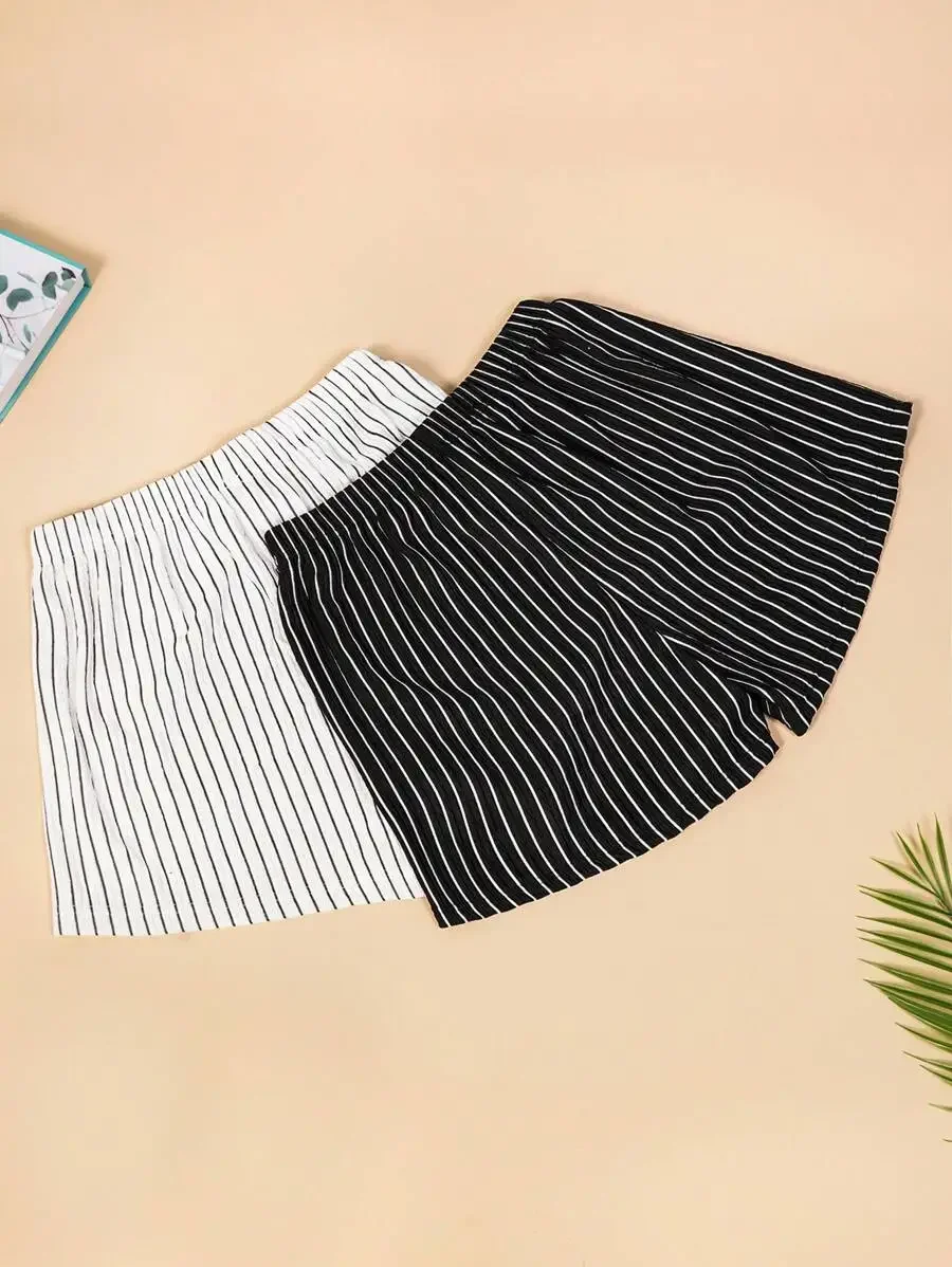 

2-Pack Striped Ribbed Ice Silk Women’s Casual Lounge Shorts For Spring And Summer