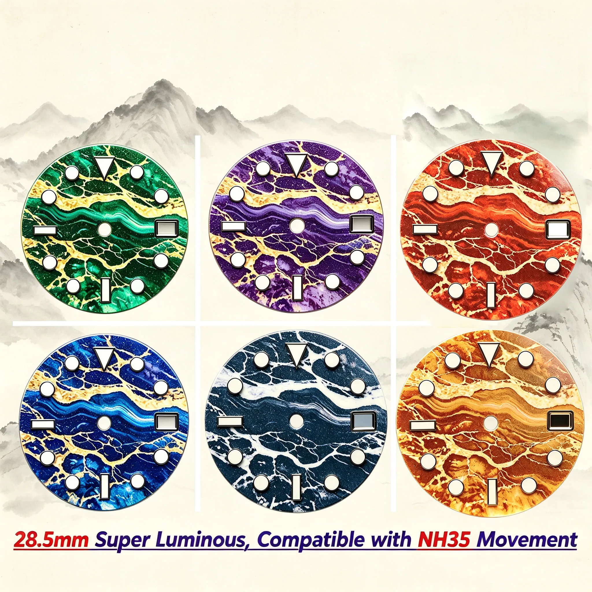 Mod Dial Design with Mountain and River Printing Feature. The Dial Is Compatible with 8215/NH34/35/36/2824 Movements