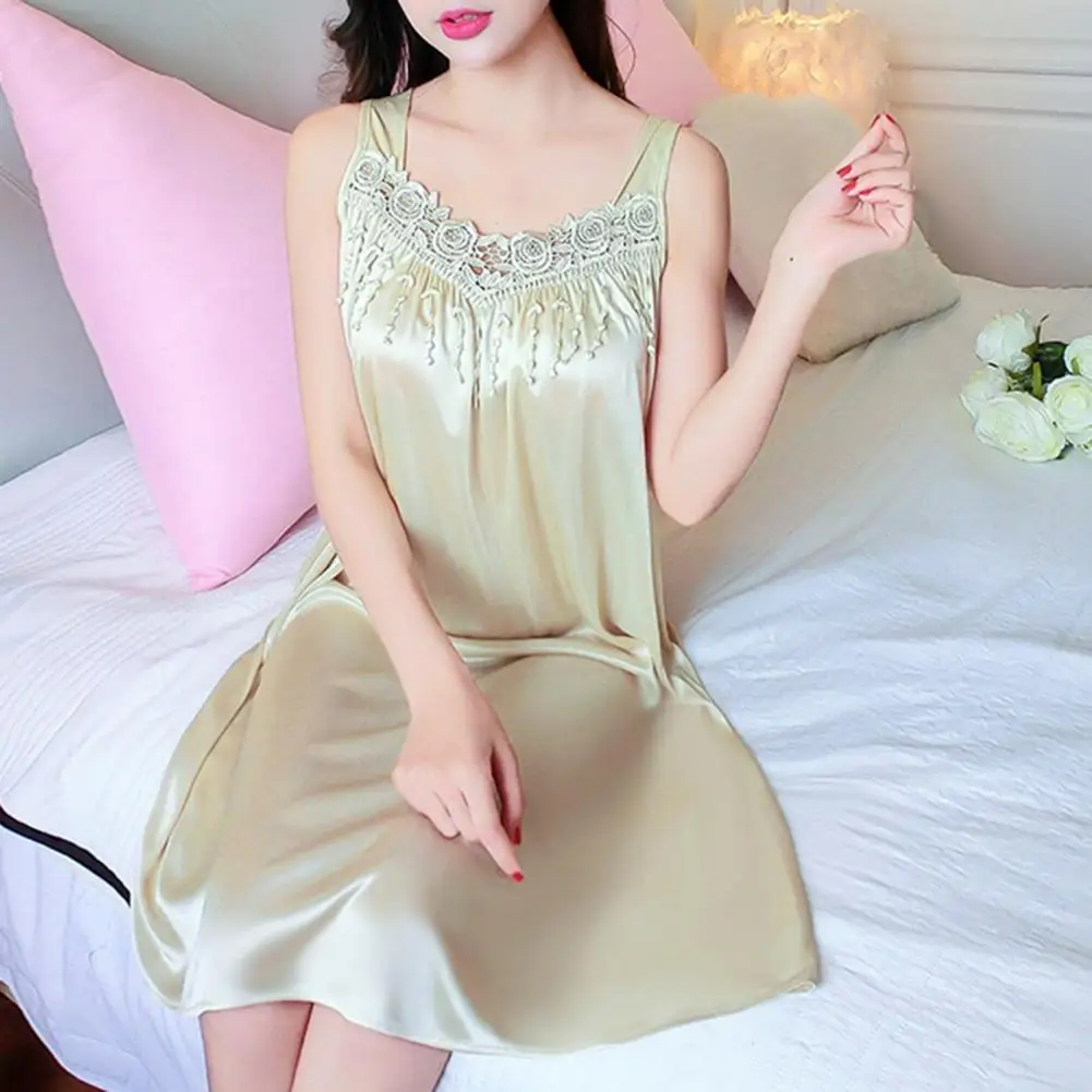 

Women Pajamas Solid Color Smooth Lace Patchwork Night Dress Women Sleeping Gown Knee Length Sexy Sleeping dress lady Nightie