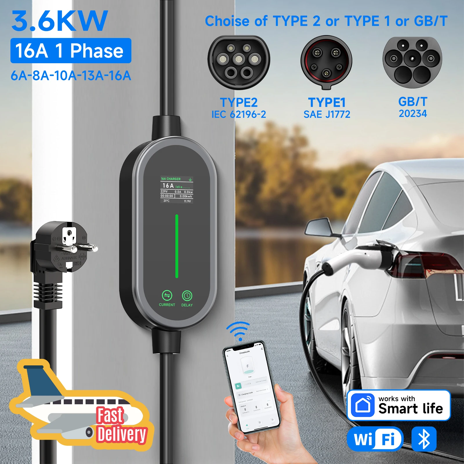 

AFEEV 3,6 кВт 16A Портативное зарядное устройство для электромобиля Type2 IEC62196-2 Type1 SAE J1772 Зарядное устройство для электромобилей GBT Wallbox EU Plug WIFI Control