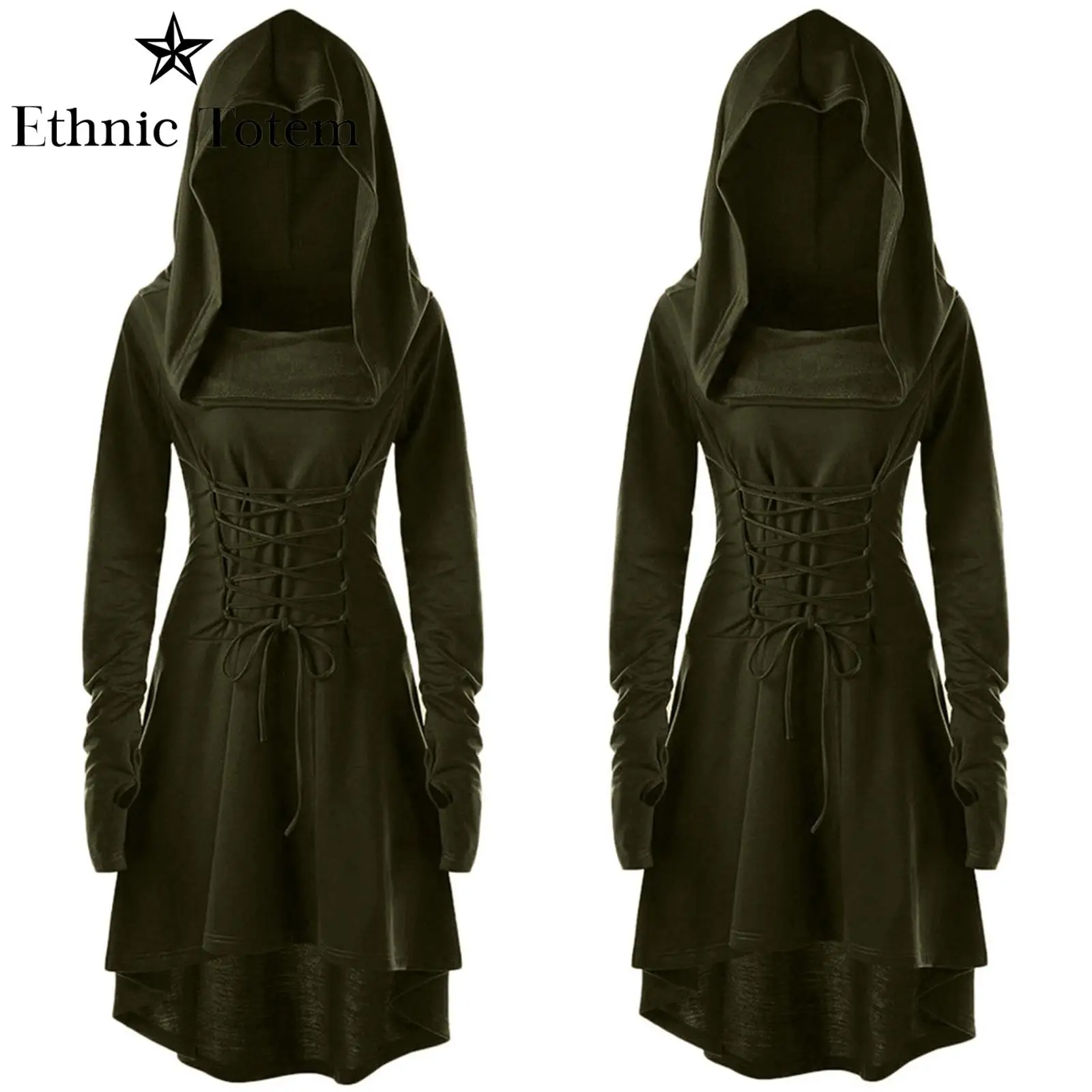 

Women Medieval Archer Cosplay Costume Vintage Pullover Robe Dresse Renaissance Long Sleeve Hooded Lace Up Cloak Cape Dress