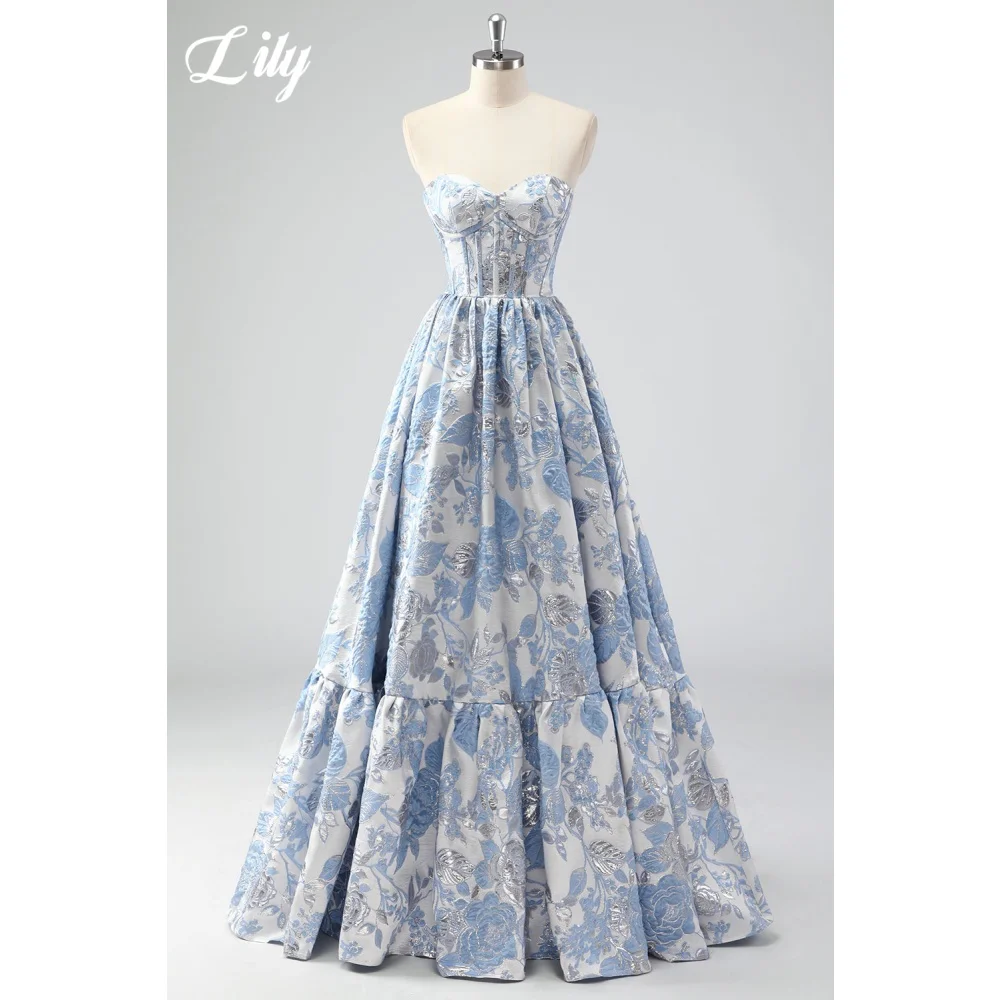 

Lily light Sky Blue Satin Floral Print Prom Gown Sleeveless Sweetheart A-Line Elegant Evening Dress فستان سهرة نسائي Customized