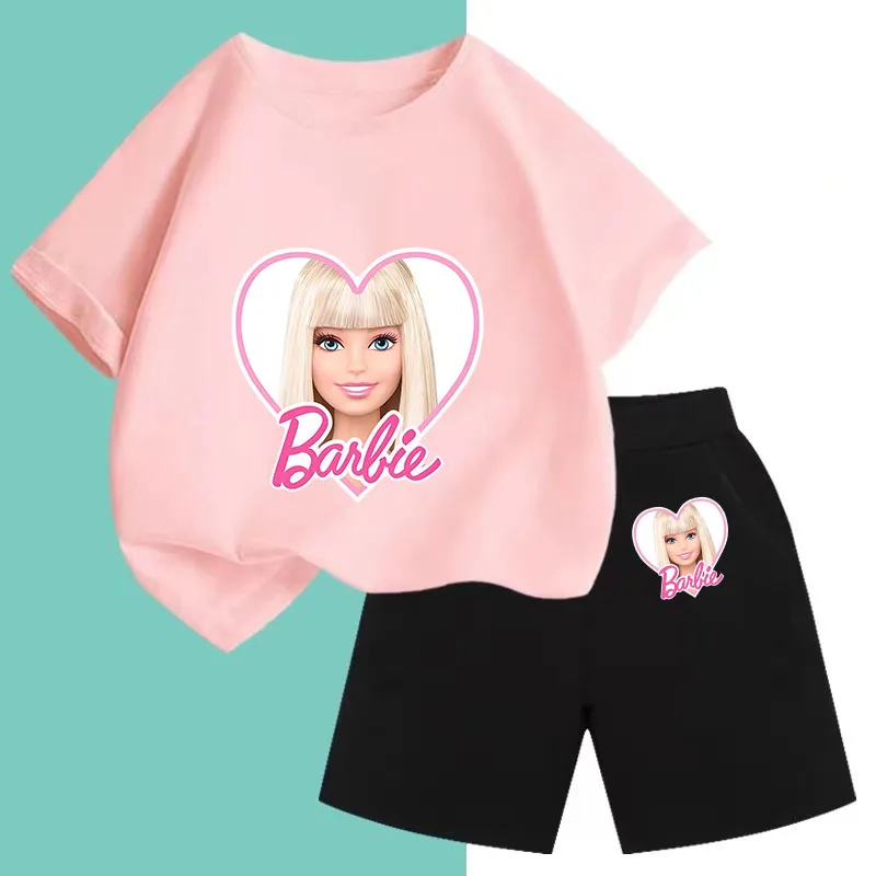 2024 New Summer Disney Barbie Children's Clothing Casual Children's Print Cartoon T-shirt Set Cute T-shirt for Boys and Girls