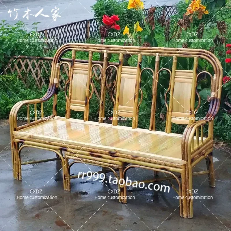 Retro Handmade Bamboo Chair Indoor Balcony Reclining Sofa 3 4 Person Bench Living Room Furniture