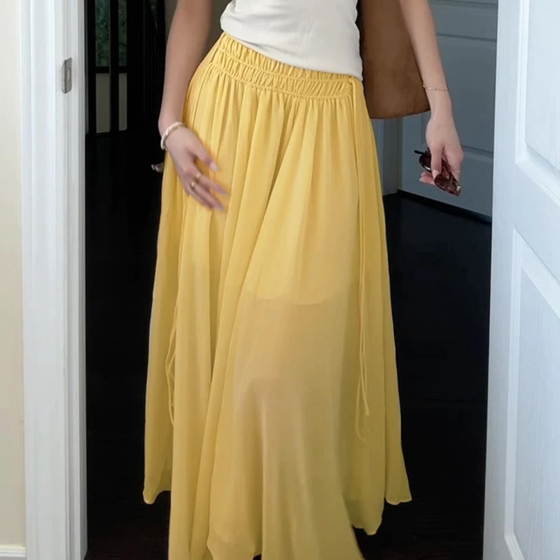 Talenza Solid Pleated Skirt For Women Side Drawstring Elasticated Waist Skirt Summer Fashion Lady Loose Chiffon Elegant Skirts