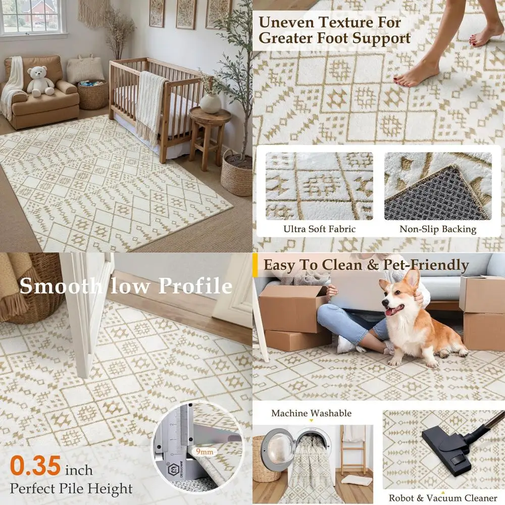 Beige Shag Boho Area Rug - 5x7 Modern Moroccan Style, Soft Geometric Design for Living Spaces