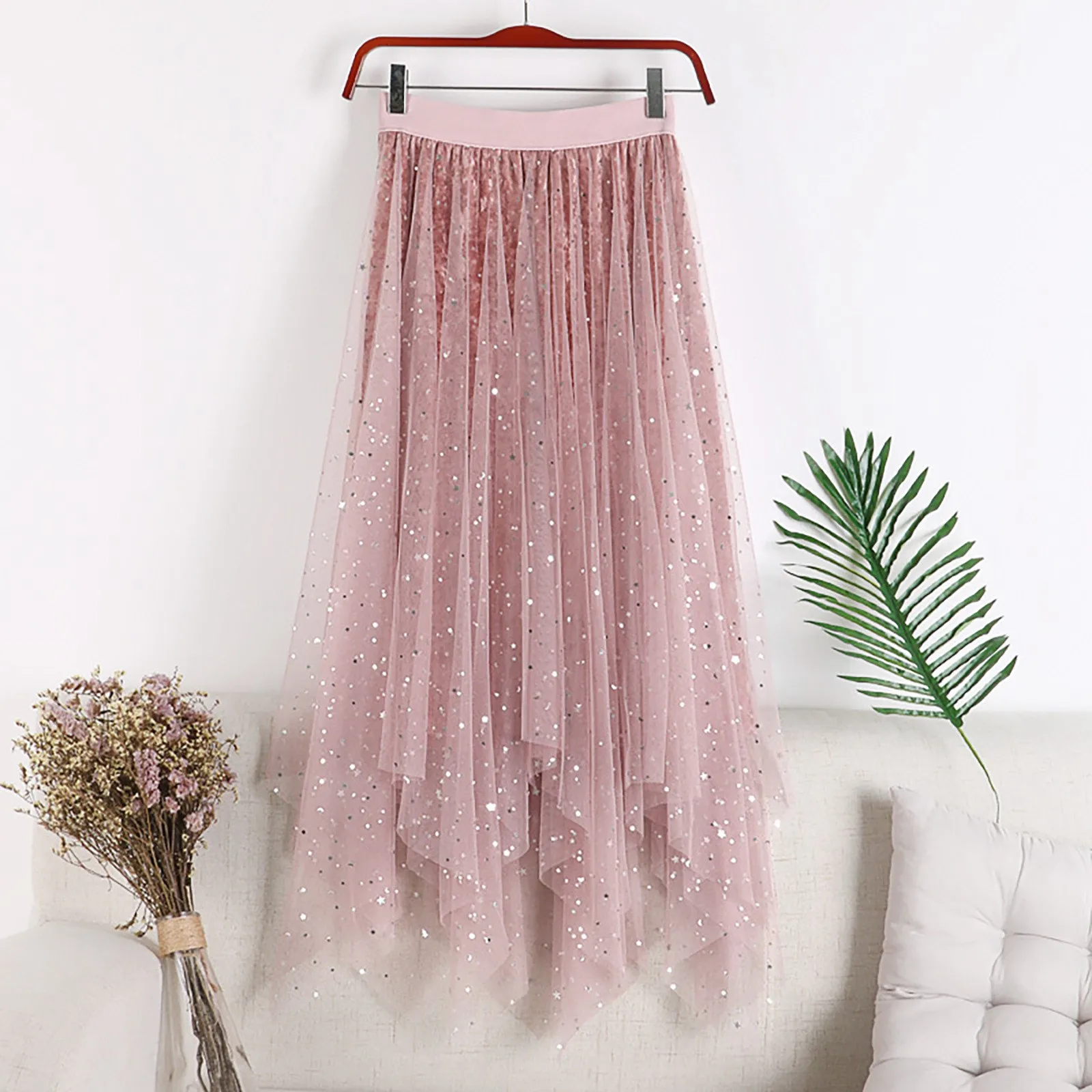 Star Sequin Skirts Women Summer High Waist Big Swing Velvet Lined Irregular Mesh Skirt Female Fall Streetwear faldas para mujer