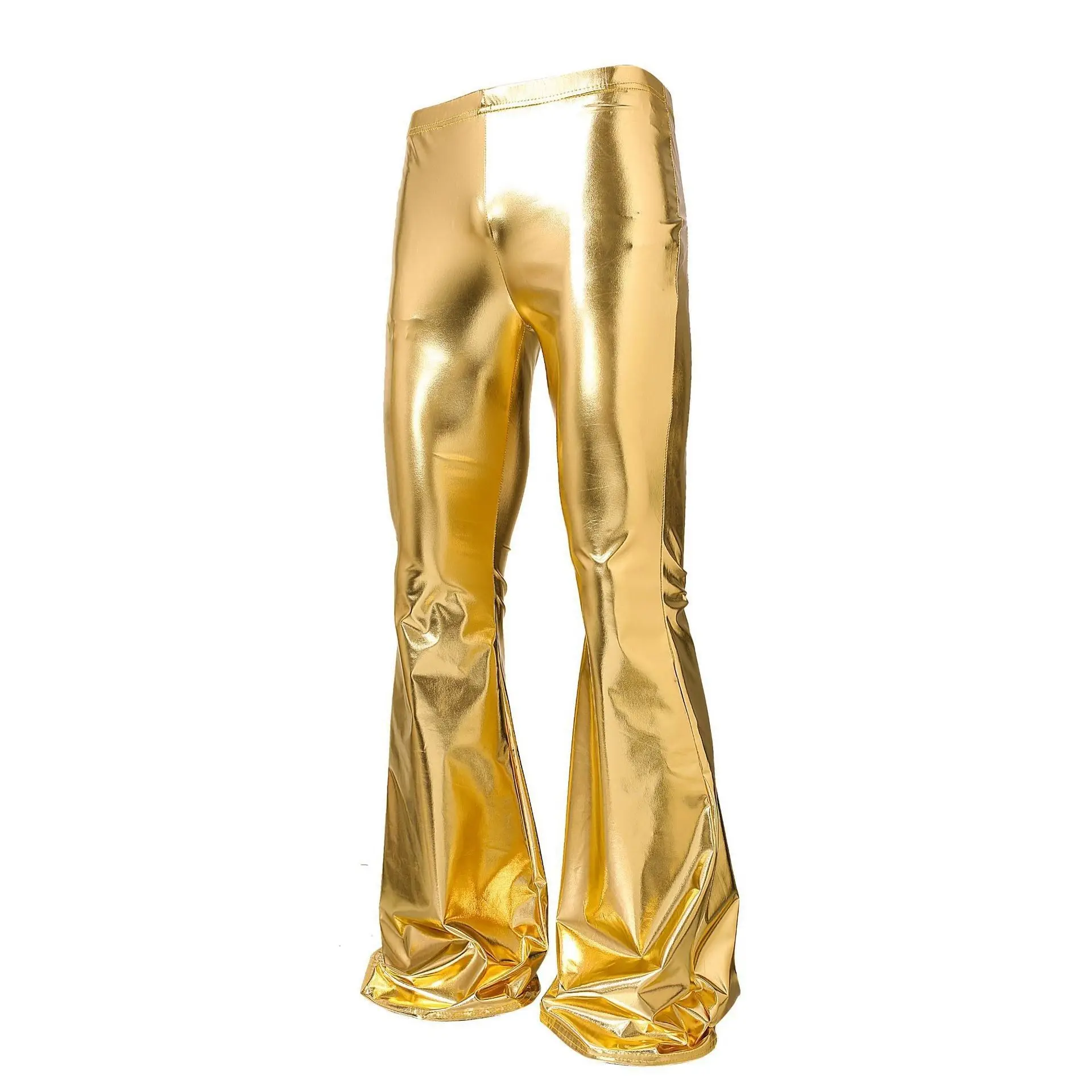 Men's Shiny Glossy Golden Flare Pants Steampunk Nightclub Disco Imitation Leather Sexy Stage Party Dress Man Trousers