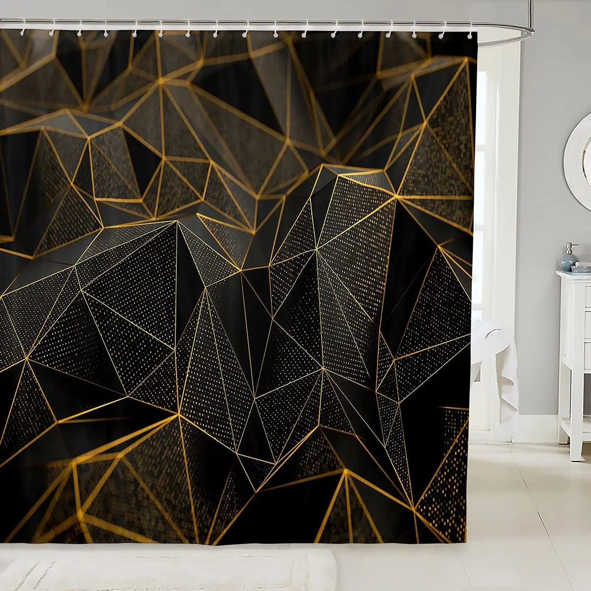 3D Golden Diamond Bathroom Curtain Geometric Abstract Triangle Shower Curtain,Gradient Geometry Graphic Waterproof Bath Curtain