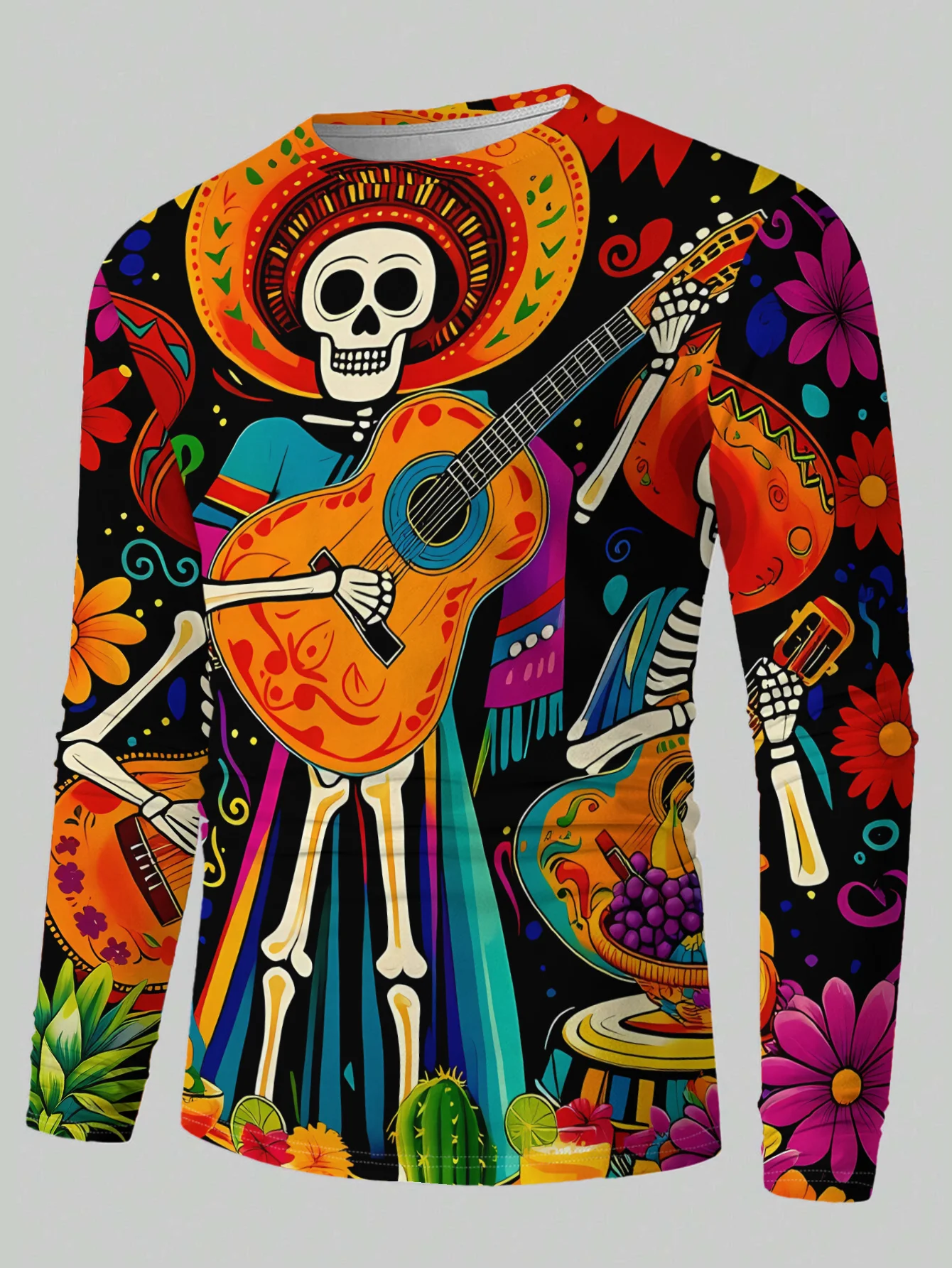 Herren Langarm-T-Shirt „Tag der Toten“ mit Skelett-Gitarren-Blumendruck, Rundhalsausschnitt, bunt, lässig, Party-Oberteil – Detail 3
