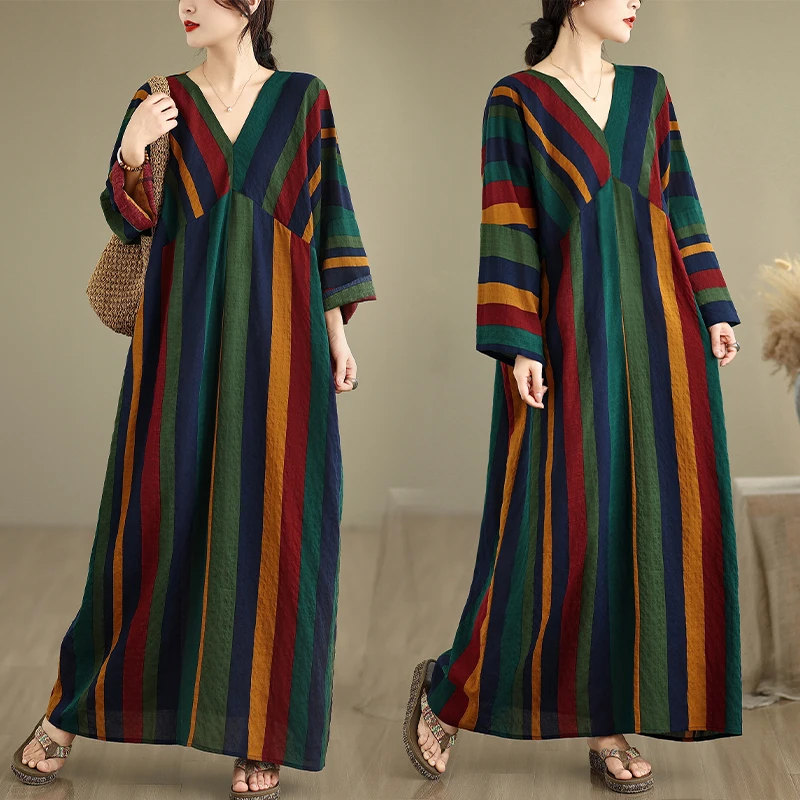 

plus Size V-Ne Long Sve Loose Fit Slimming Cotton Linen Print Dr Comfortable Casual Wear for Women Autumn Season