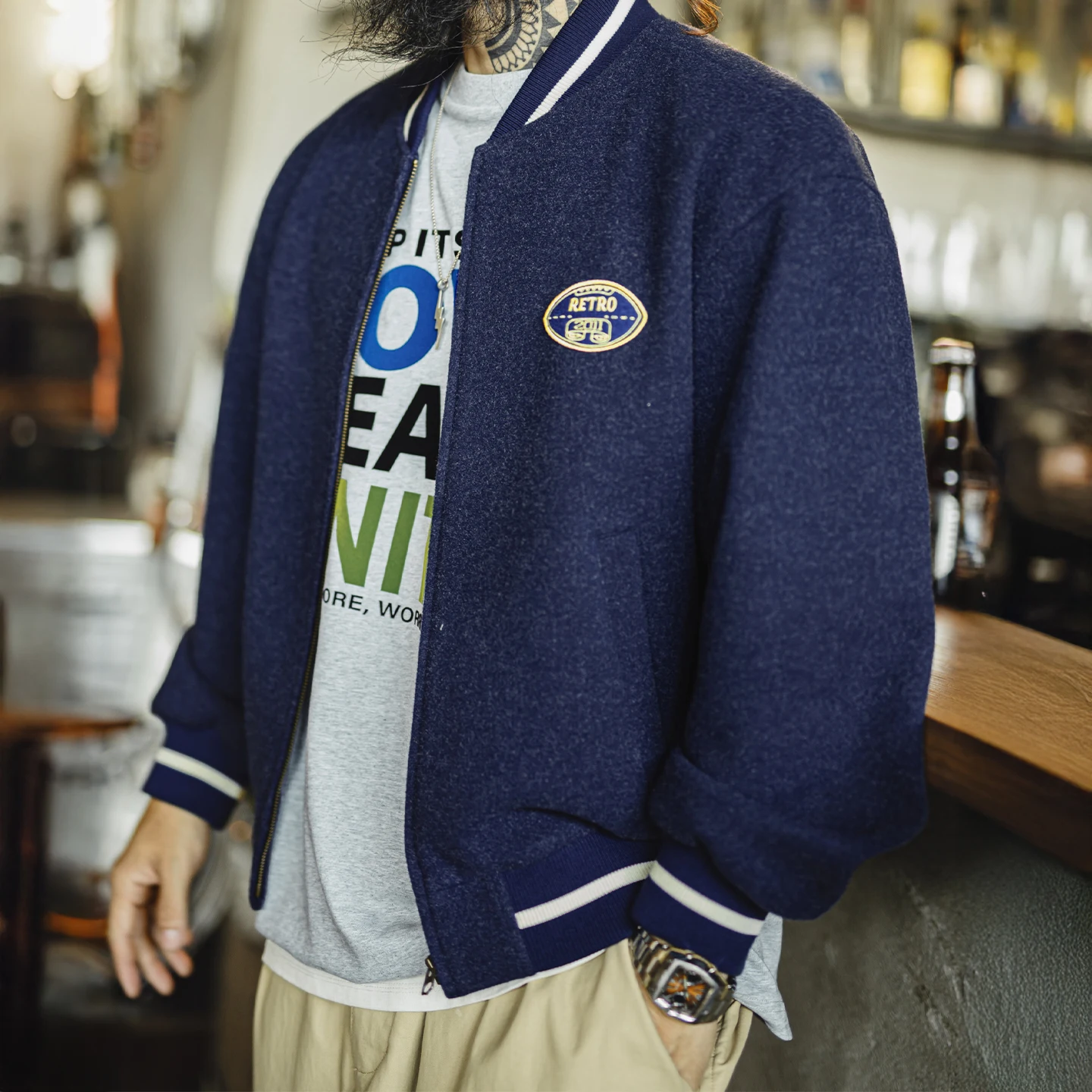 

Maden Men's Vintage Blue Baseball Jacket Contrast Embroidery Varsity Coat Short Zip-up Outerwear for Fall Winter Streetwear