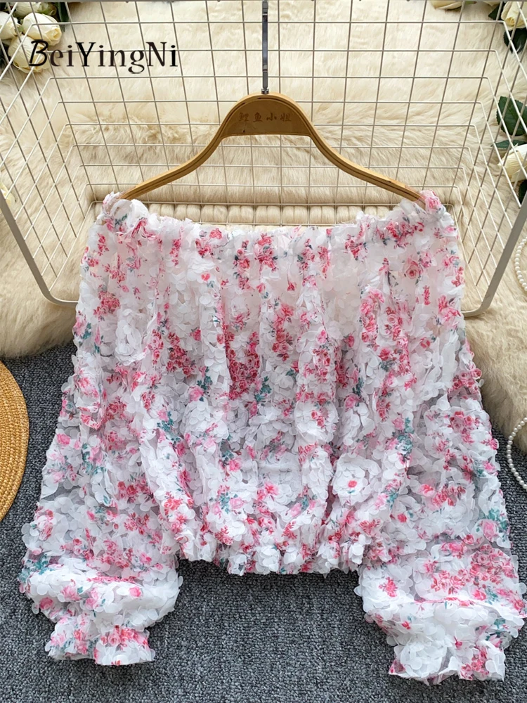 

Beiyingni Spring Summer Slash Neck Blusas Women Romance Night Club Off Shoulder Shirts Female Fashion Sexy Elegant Mesh Crop Top