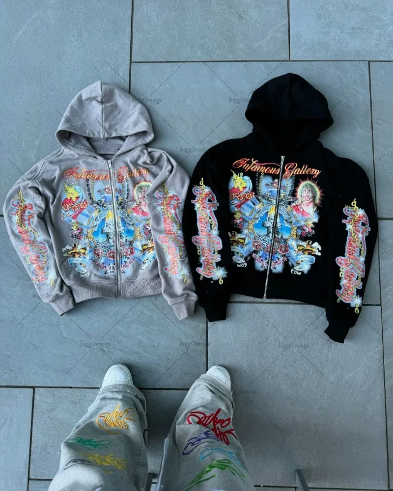 Y2k European and American Street Fashion Brand Harajuku Gothic Oversized Hoodie Fashion Letter Print Men Loose Zipper Sweatshirt