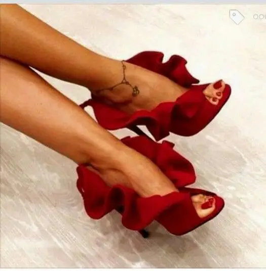 Slip on Ruffles Peep Toe Red Sexy Sandals Women Dress Thin High Heel Sandals Shallow Lady Design Shoes Party 2023