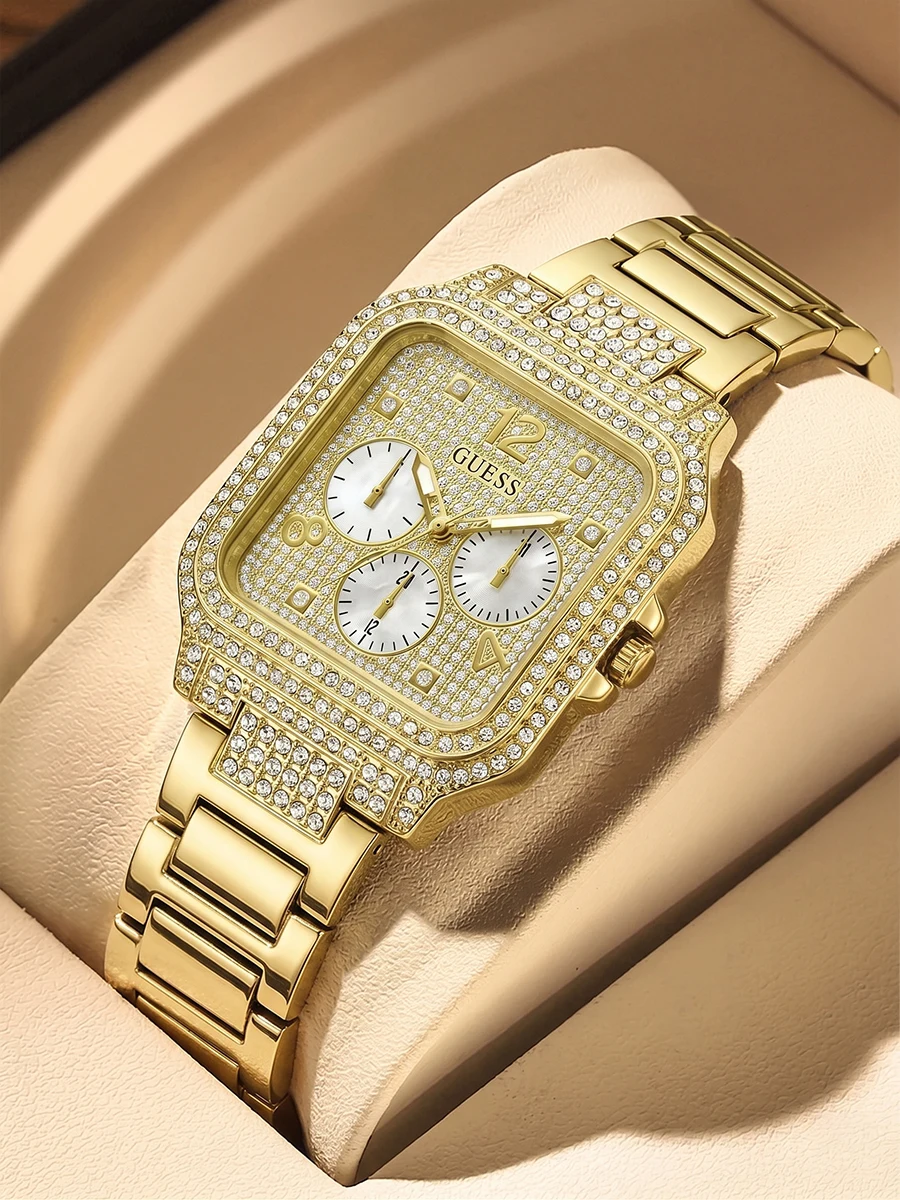 

GUESS Women's Square Watch Full Crystal Encrusted Gold Mother of Pearl Pave Dial Multifunction Quartz Party Festival Luxury Gift
