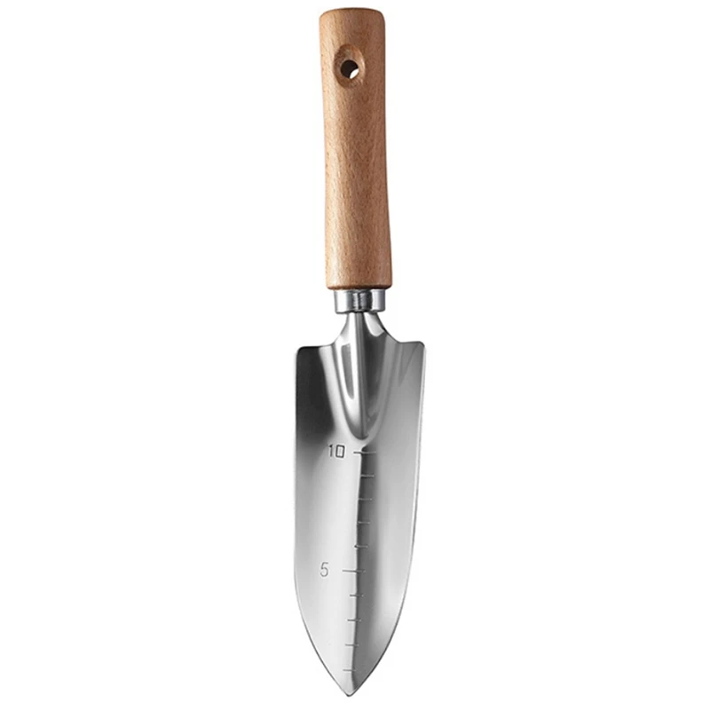3-Piece The Garden Wooden Handle Small Shovel Silver Steel Includes A Wide Shovel, A Pointed Shovel And A Three-Toothed Rake