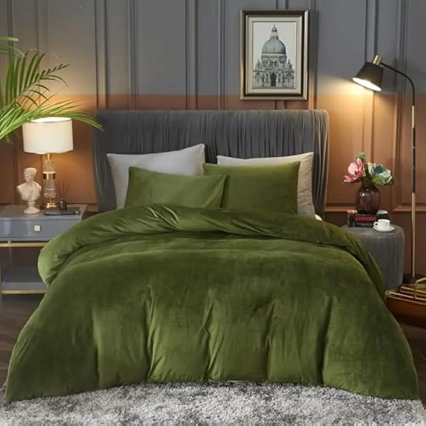 

Sage Green Velvet Duvet Cover Queen Set, 3Pcs Ultra Soft Breathable Flannel with Zipper and Corner Ties