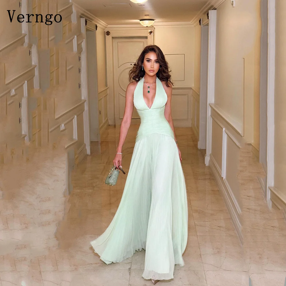Verngo Green Chiffon Evening Dress Halter Mermaid Modern Formal Occasion Dresses Celebrity Sexy Prom Gowns Customized