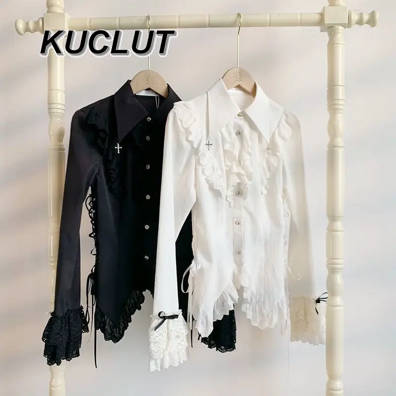 

Solid Color Lolita Shirts Gothic Black and White Waist-Cinching Casual Blouses Spring Autumn Long Sleeve Tops for Women