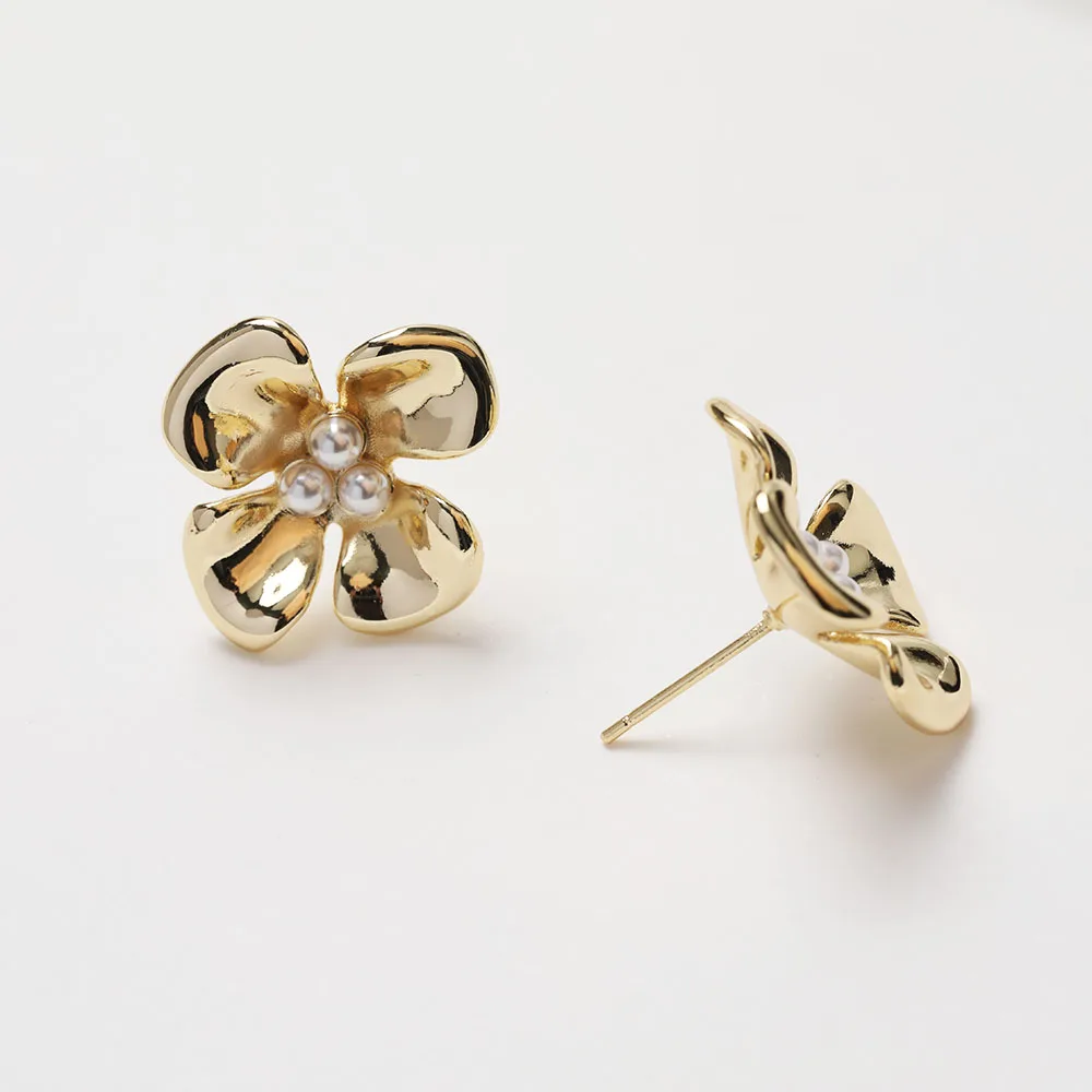 2PCS Brass Flower Ear Studs 14K Gold Plated Jewelry Making Supplies Earrings DIY Pearl Material Accessories