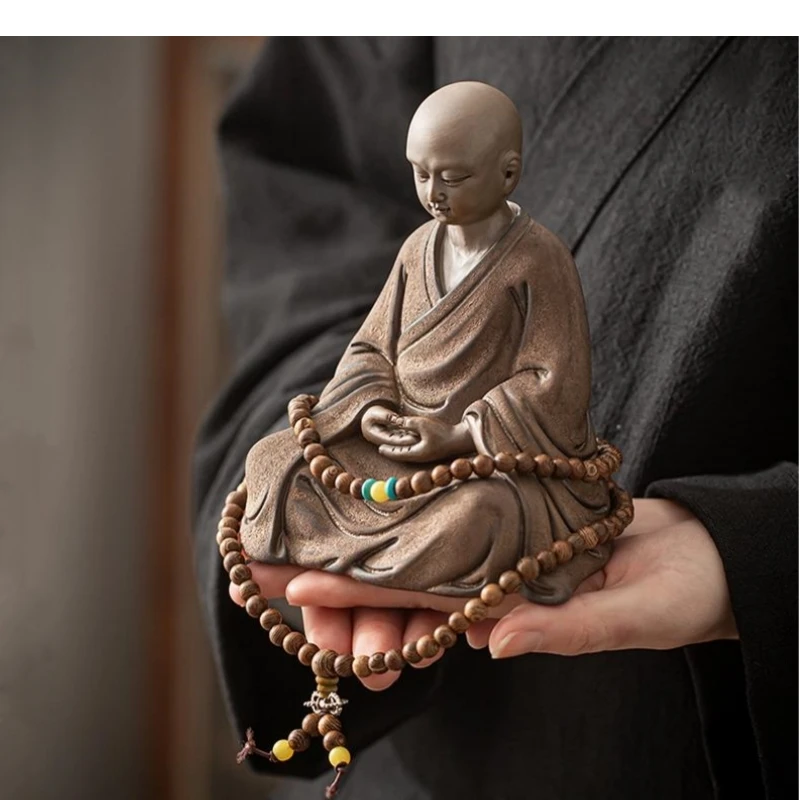 Ceramic Crafts Chinese Retro Figure Sculpture Monk Buddhism Table Ornaments Meditate Purple Sand Home Decoration Accessories