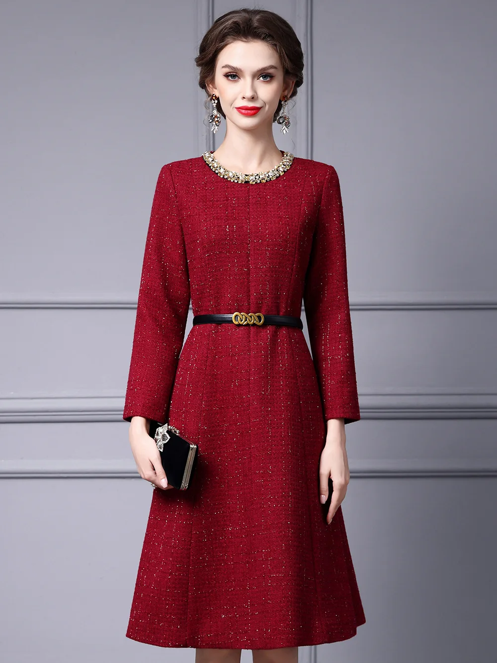 ZJYT Autumn Winter Diamonds Tweed Woolen Dresses for Women Elegant Long Sleeve Vintage Aline Party Casual Dress Black Robe