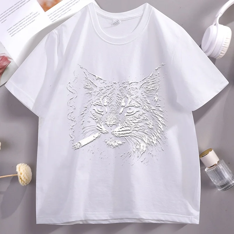 Vintage Punk Wildcat Tshirt Man Fashion Cotton Short Sleeve T-shirt Streetwear Round Neck Printed T Shirt Male Clothing Tees