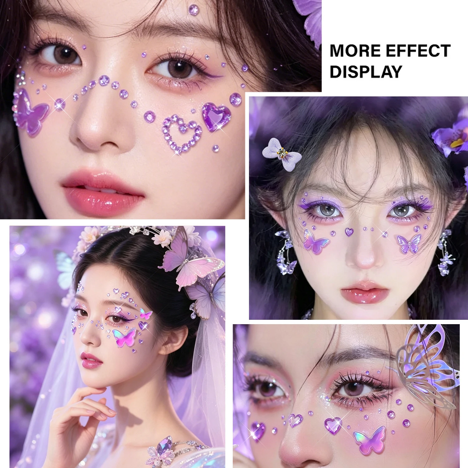 3D Cute Pink Diamond Butterfly Heart Face Stickers Self-adhesive Bow Butterfly Face Body Rhinestones Party & Festival Makeup #4W view 6