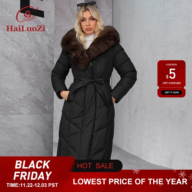 HaiLuoZi 2024 New Women's Cotton Clothes Warm Hooded Fur Long Women Parkas Elegant Large Pocket Belt Quilted Women's Coat 625