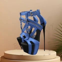 Blue Zipper Decor Platform Sandals Peep Toe Sexy Style Shoes Spike High Heel Shoes for Women Shoes 2024 Zapatos Para Mujere