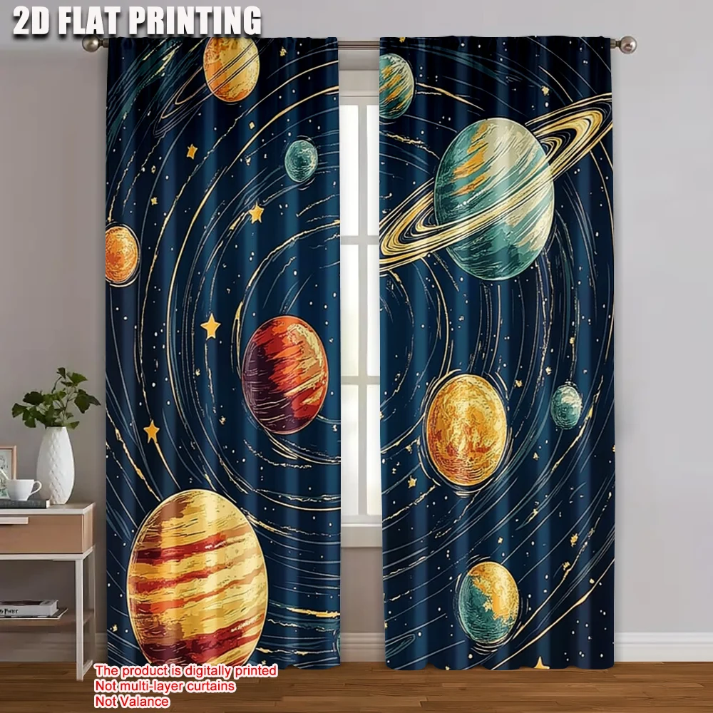 2 Stück 2D-Flachdruck-Fenstervorhänge, Planeten, Sterne, Galaxie, himmlisches, langlebiges 100 % Polyestergewebe, ohne Strom, festlich