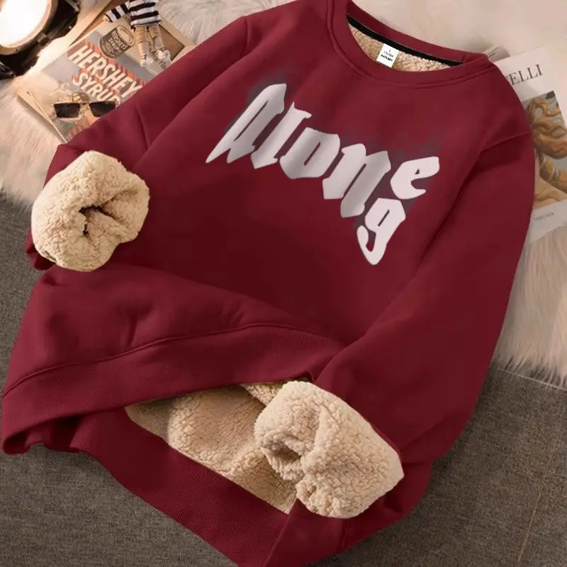 

High Street Letter Printed Hoodie Made of Lamb Wool and Plush Warm and Versatile Without a Hat Pullover