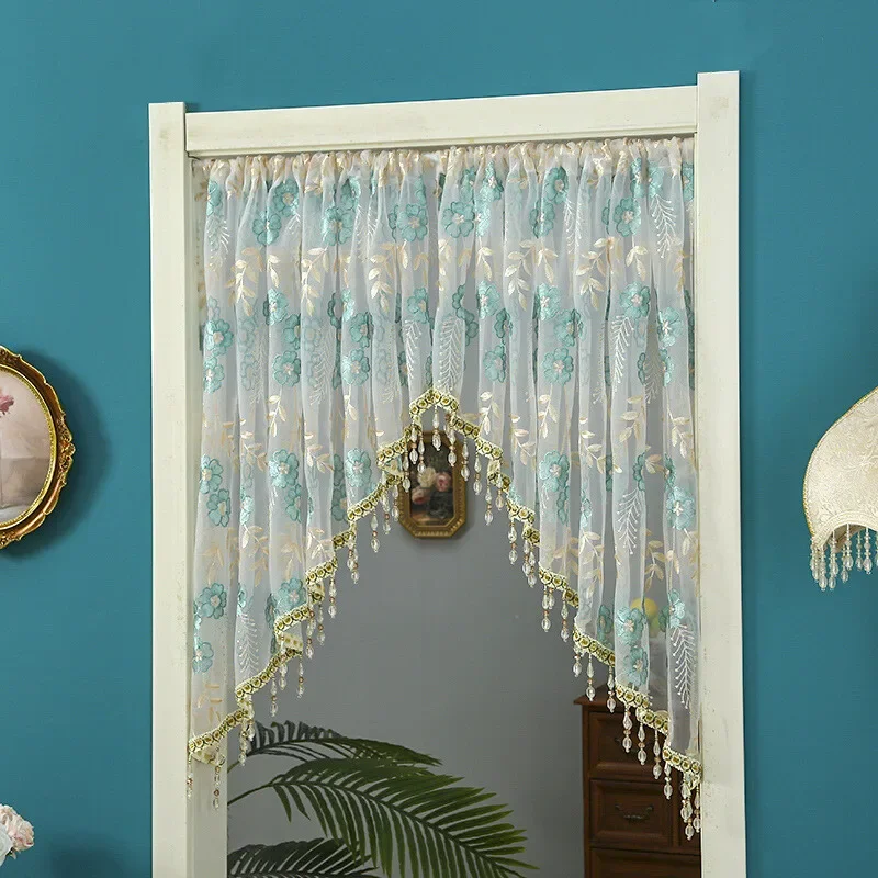 2 Panels Embroidery Sheer Valance Door Decor Lace Short Curtain with Tassel Beads for Living Room Home Decor