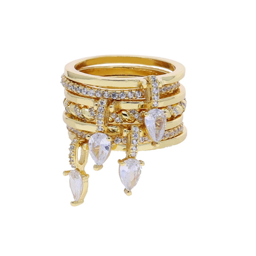 New Tear Drop 7 Pcs Stacking Engagement Band Ring For Women Iced Out Micro Paved 5A CZ Gold Color Stack Finger Jewelry