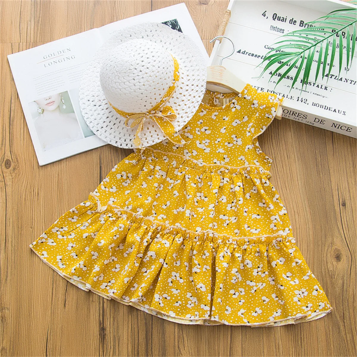 2-Piece Summer Baby Beach Skirt+Beach Hat Girl Flower Princess Chiffon Sleeveless Sweet Beauty Baby Dress