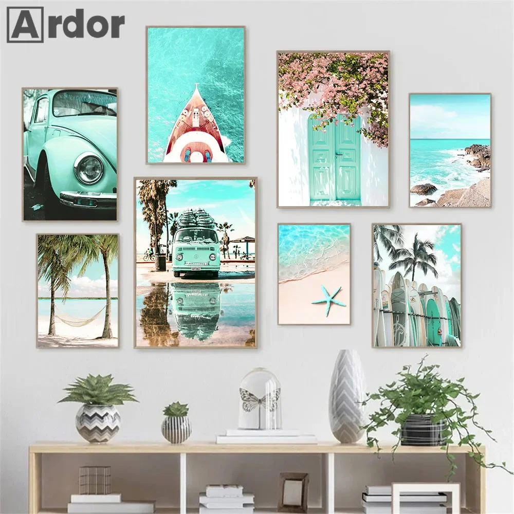 

Palm Tree Surfboard Blue Sea Landscape Wall Art Canvas Painting Beach Car Posters And Prints Nordic Wall Pictures Bedroom Decor