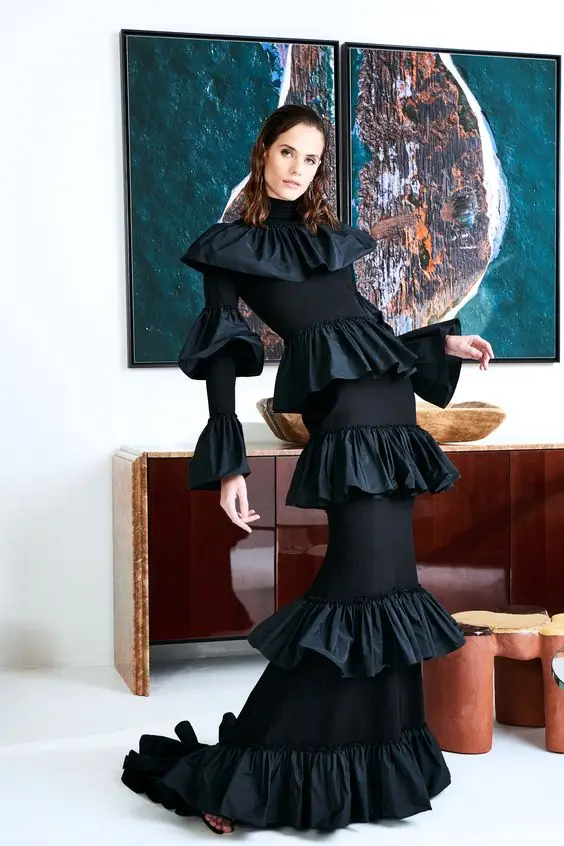 Muslim Modest Black Mermaid Formal Party Dresses High Collar Full Sleeves Tiered Ruffles Long Prom Gowns Simple Maxi Women Dress