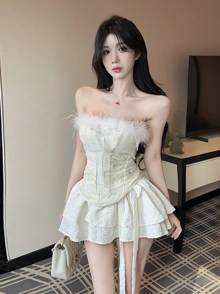 Pure Desire Sexy Girl Sleeveless Furry  Knot Embroidery Chest Pad Vest Top High Waist Thickened Cake Skirt Set